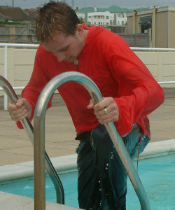 Pool ladder training with anorak